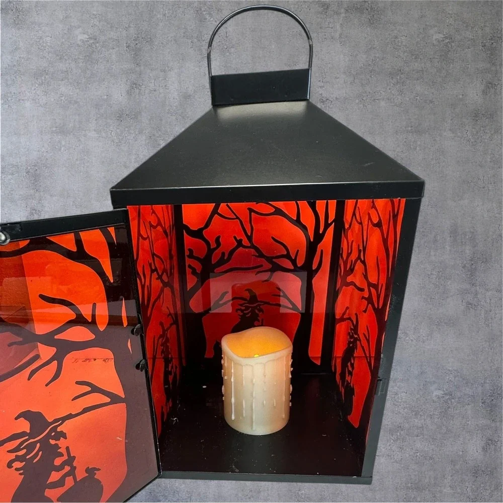 Illumination Halloween Witch Lantern LED Flameless Candle Black Red 13in Spooky